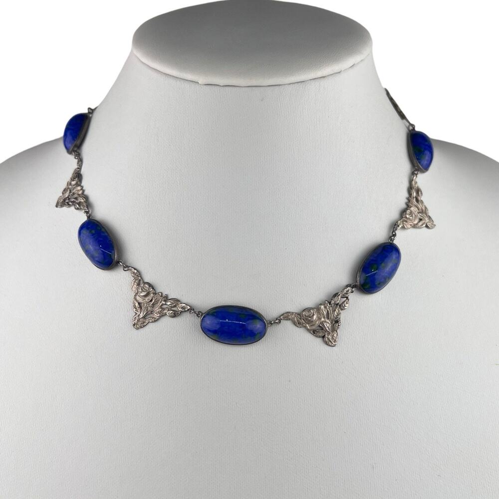 Vintage Czech Blue Glass Sterling Silver Necklace 16.5" Flowers Signed OCH 77